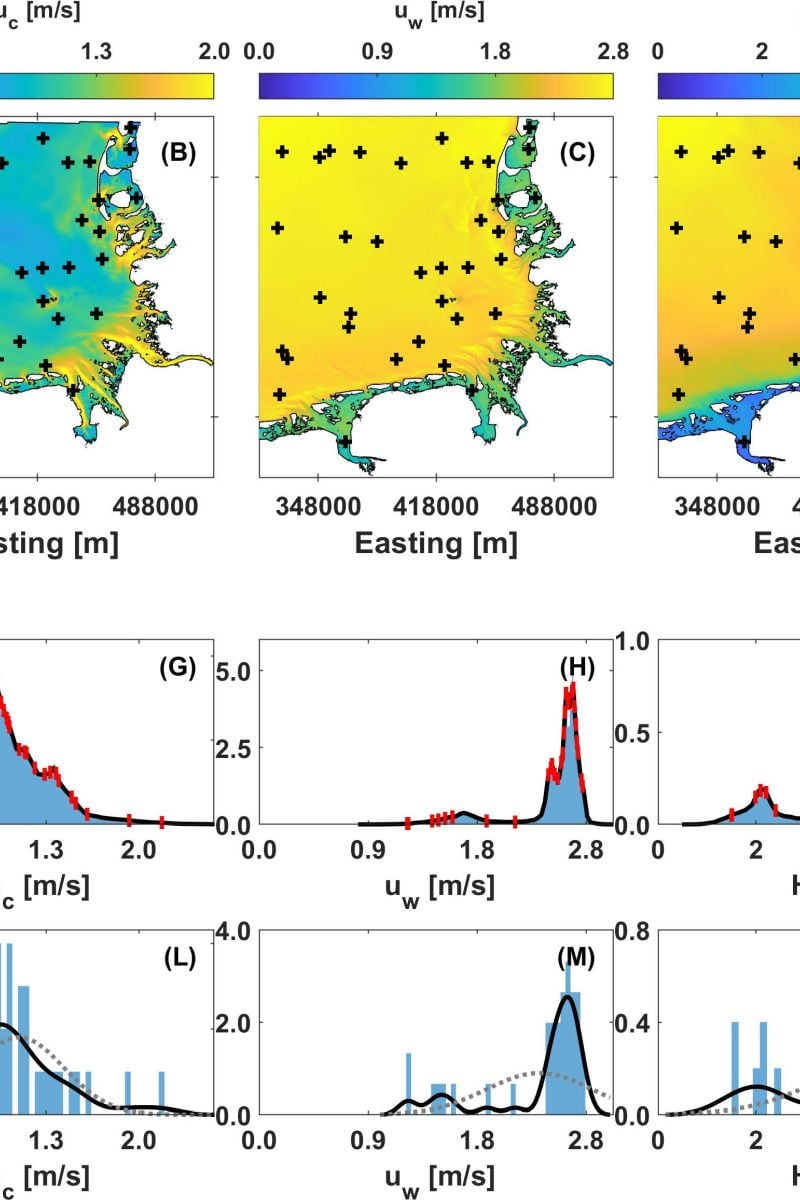 The German Bight in relation to the nearest x ∈ C to each of the 36 selected sites black crosses in (A–E). From left to right, columns represent the variables: mean depth, 50-year horizontal surface current speed, 50-year horizontal wave orbital velocity amplitude at surface, 50-year significant wave height, and peak wave period associated with 50-year significant wave heights. In (F–J), the selected sites are represented in relation to the histogram and kerel density estimate (KDE) of the PDF.